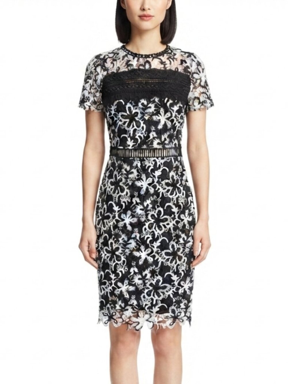 Aqua Two Tone Fitted Crew Neck Lace Dress- Sz. Sm